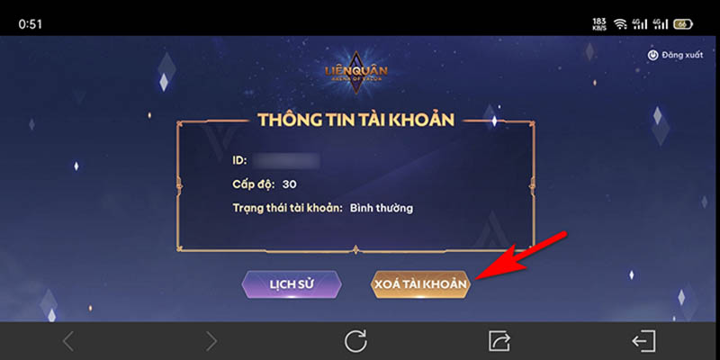Xóa tài khoản qua phần “Tài khoản” trong game